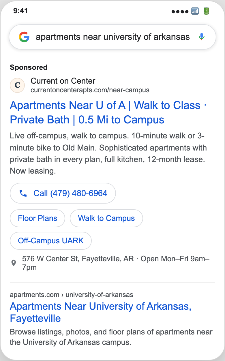 Google search ad for apartments near university of arkansas