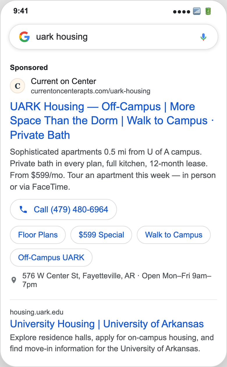 Google search ad for uark housing